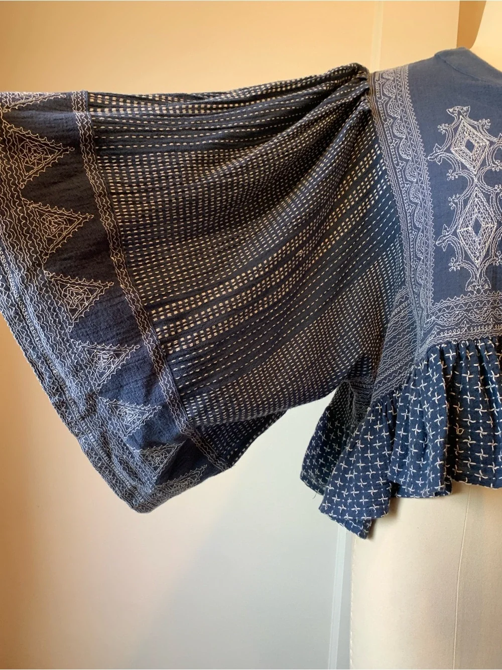 Free People Indigo Embroidered Lace-Up Peasant Blouse